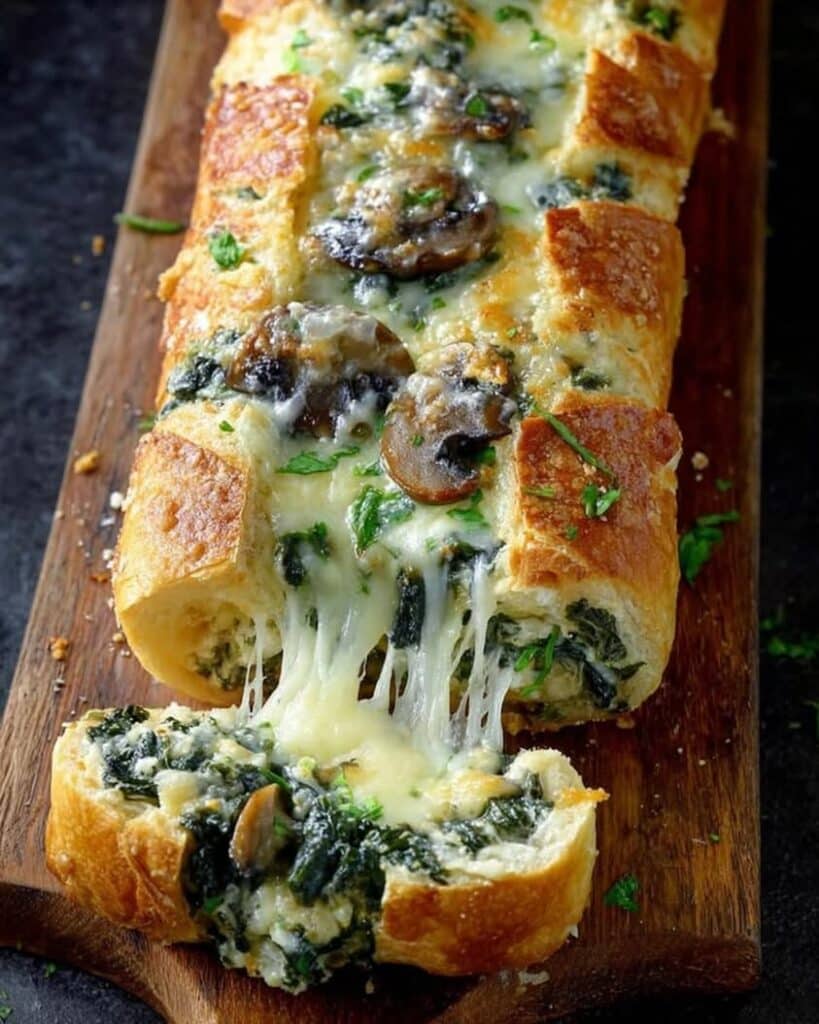 Cheesy Spinach Artichoke Mushroom Stuffed Baguette