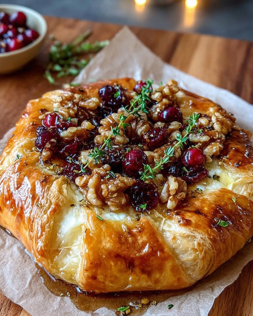Brie and Cranberry Tart with Hot Honey and Walnuts 1 Cheesy Tart with Brie Cranberries Toasted Walnuts with a Hot Honey Drizzle