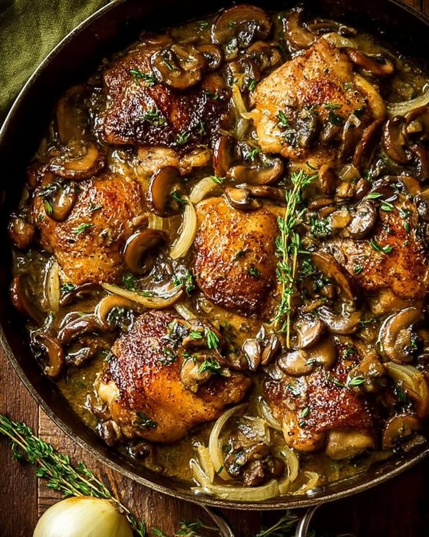 Cider Braised Chicken with Caramelized Onions Herbs