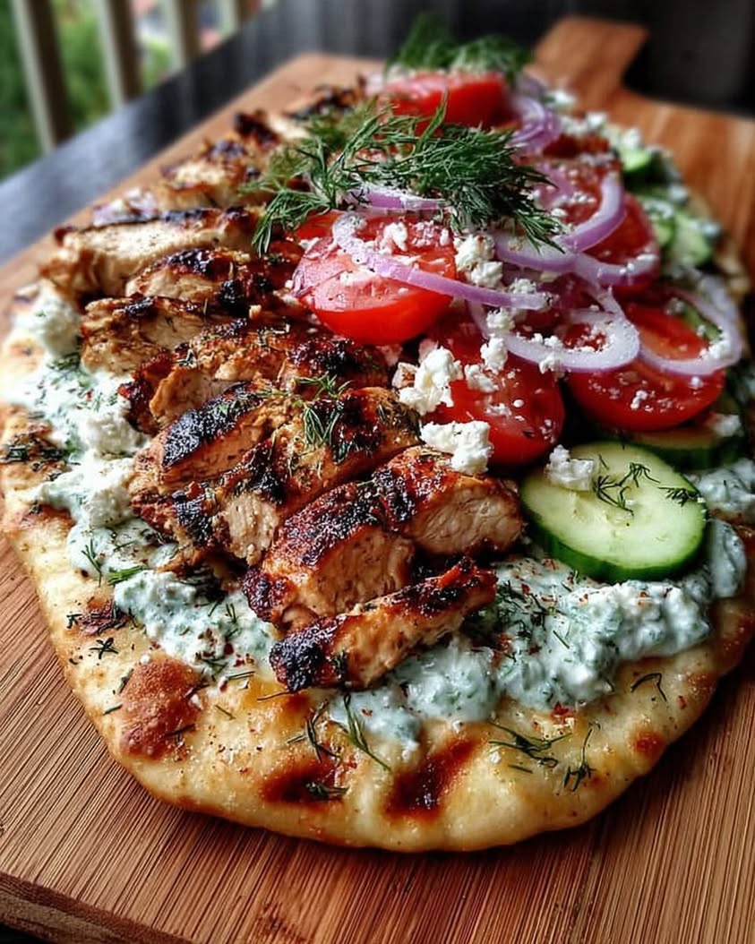 Creamy Greek Chicken Flatbread with Fresh Tzatziki & Veggies 9 Creamy Greek Chicken Flatbread with Tzatziki Cucumbers Tomatoes Red Onion 1