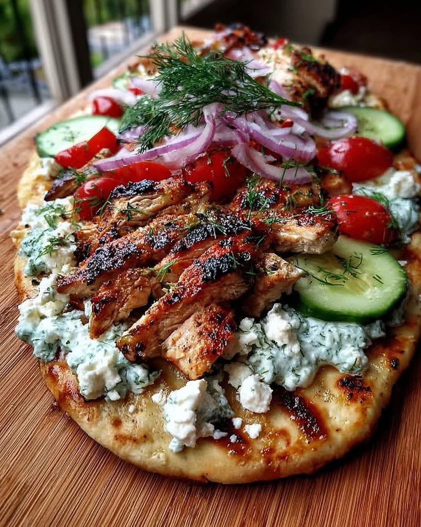 Creamy Greek Chicken Flatbread with Tzatziki Cucumbers Tomatoes Red Onion 2
