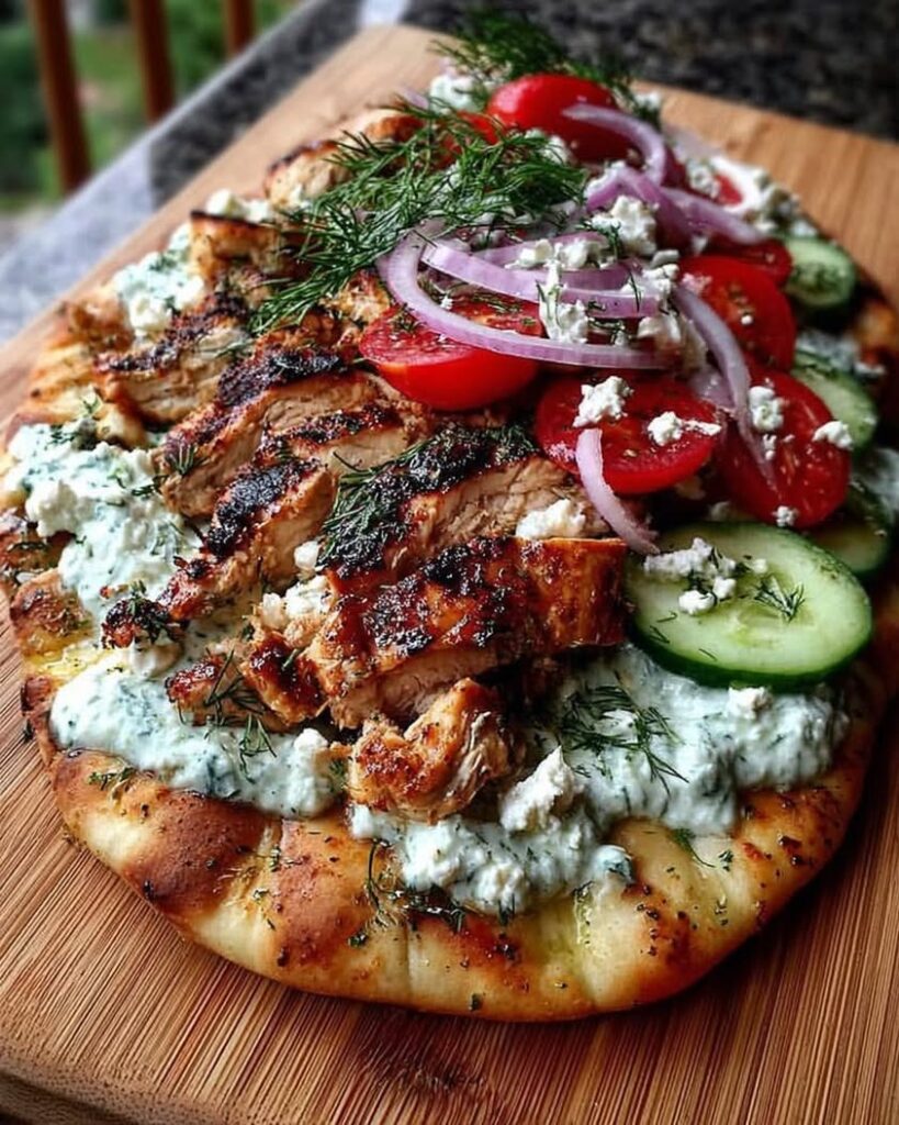 Creamy Greek Chicken Flatbread with Tzatziki Cucumbers Tomatoes Red Onion