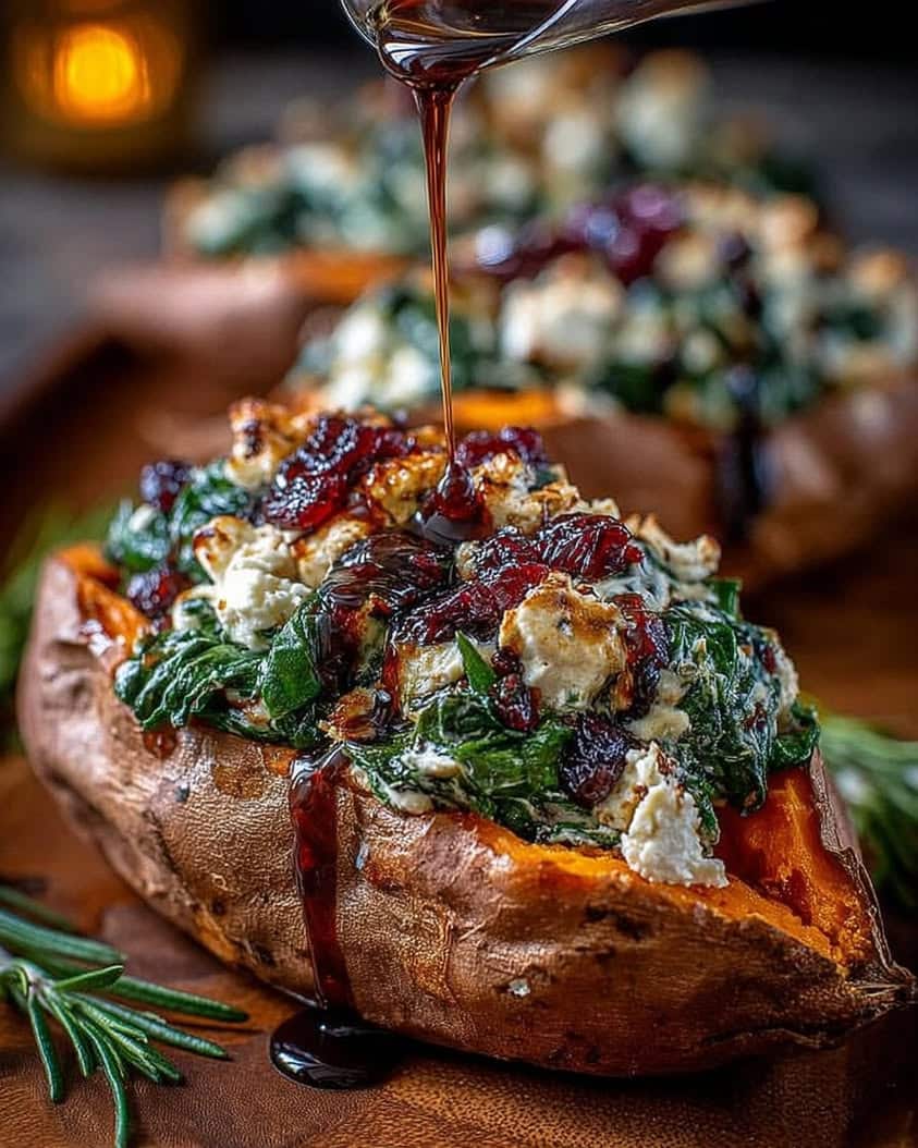 Creamy Ricotta Stuffed Sweet Potatoes with Balsamic Cranberry Glaze 1 Creamy Ricotta Spinach Stuffed Sweet Potatoes with Balsamic Cranberry Glaze