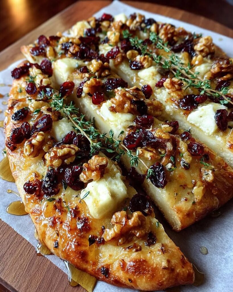 Crispy Flatbread with Brie Cranberries Toasted Walnuts with a Hot Honey Drizzle 1