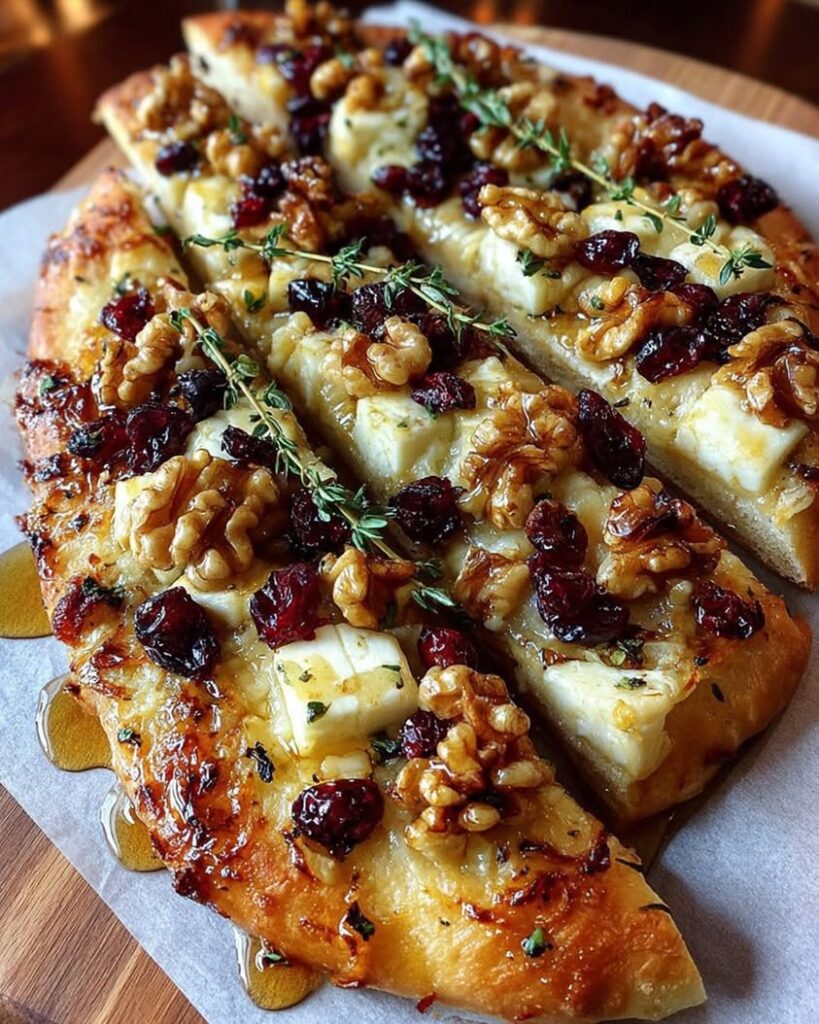 Crispy Flatbread with Brie Cranberries Toasted Walnuts with a Hot Honey Drizzle