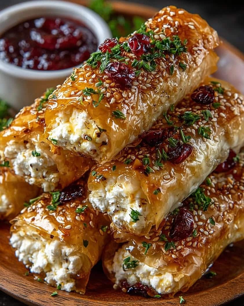 Golden Baked Feta Rolls with Sweet Cranberry Honey