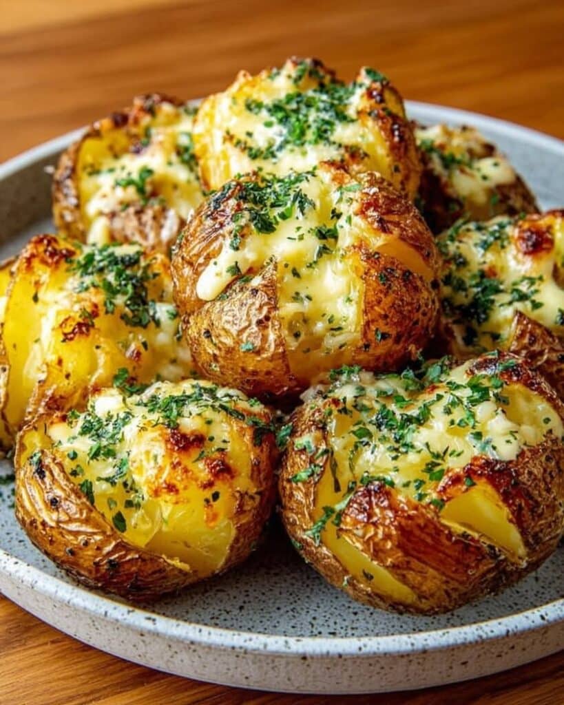 Golden Smashed Potatoes with Warm Brie Fondue Garlic Herb Oil