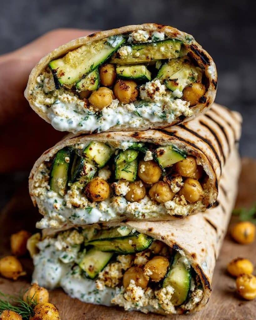 Grilled Zucchini Feta Chickpea Wrap with Herbed Yogurt