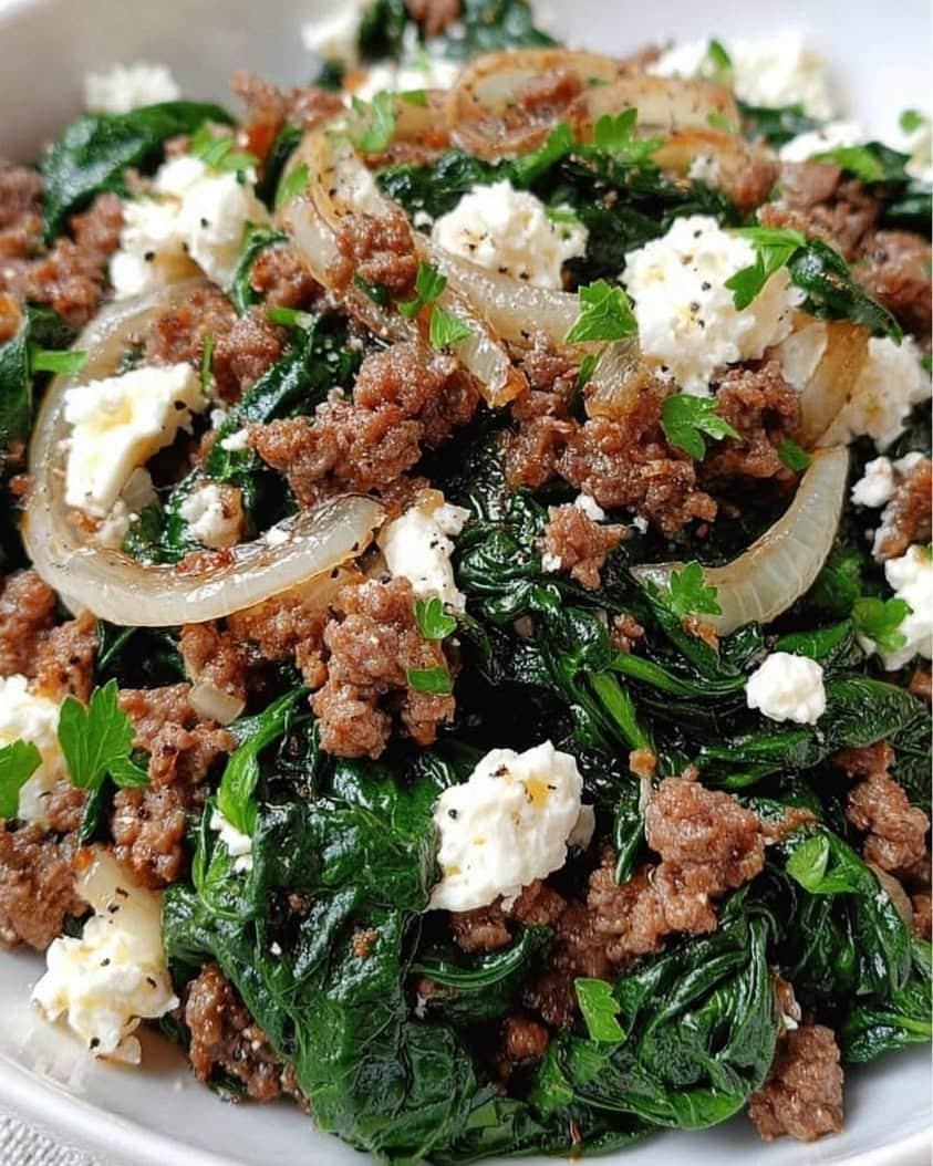 Ground Beef and Spinach Skillet with Feta