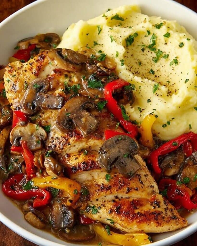 Herb Crusted Chicken with Sauteed Peppers Mushrooms Creamy Mashed Potatoes 1