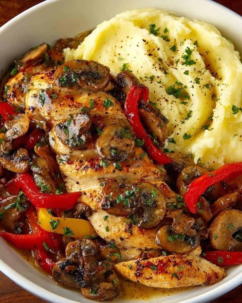 Herb-Crusted Chicken with Creamy Potatoes and Sautéed Vegetables 1 Herb Crusted Chicken with Sauteed Peppers Mushrooms Creamy Mashed Potatoes