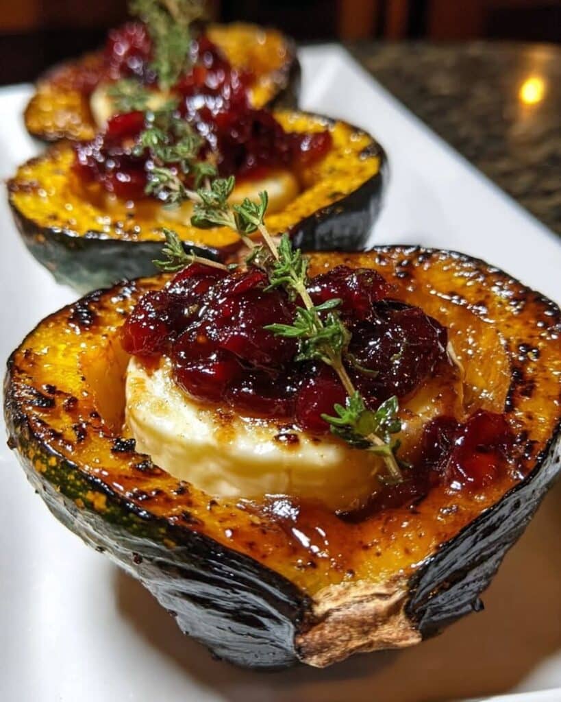 Honey Glazed Acorn Squash with Creamy Goat Cheese and Cranberry Drizzle