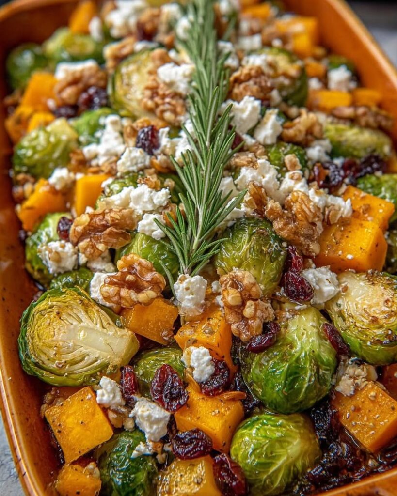 Honey Glazed Brussels Sprouts Butternut Squash with Toasted Walnuts and Feta Crumble