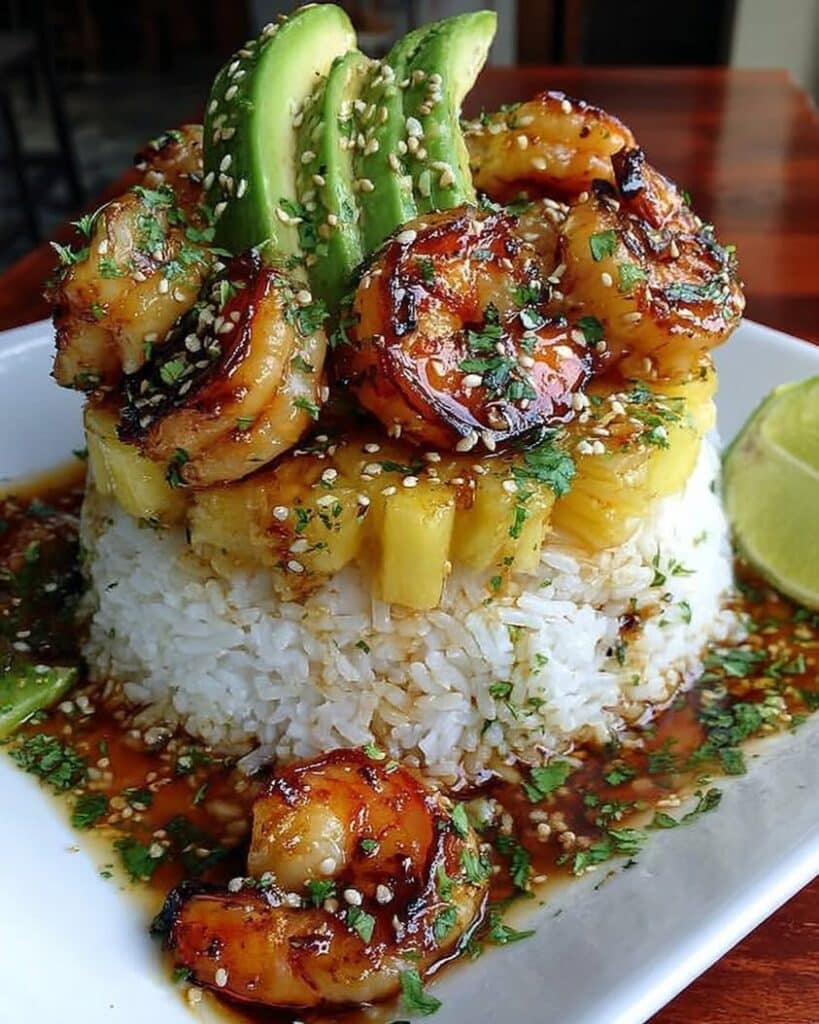 Honey Lime Shrimp Pineapple Rice Stack