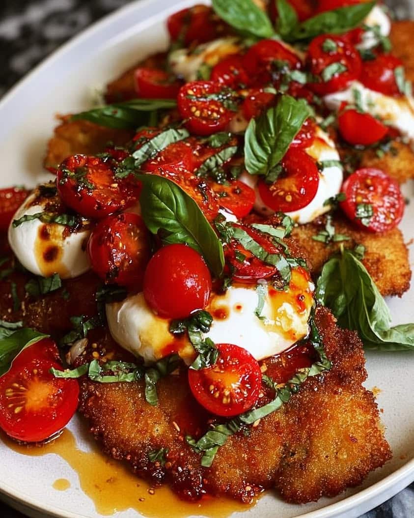 Italian Basil Chicken Cutlets with Tomato and Burrata Topping