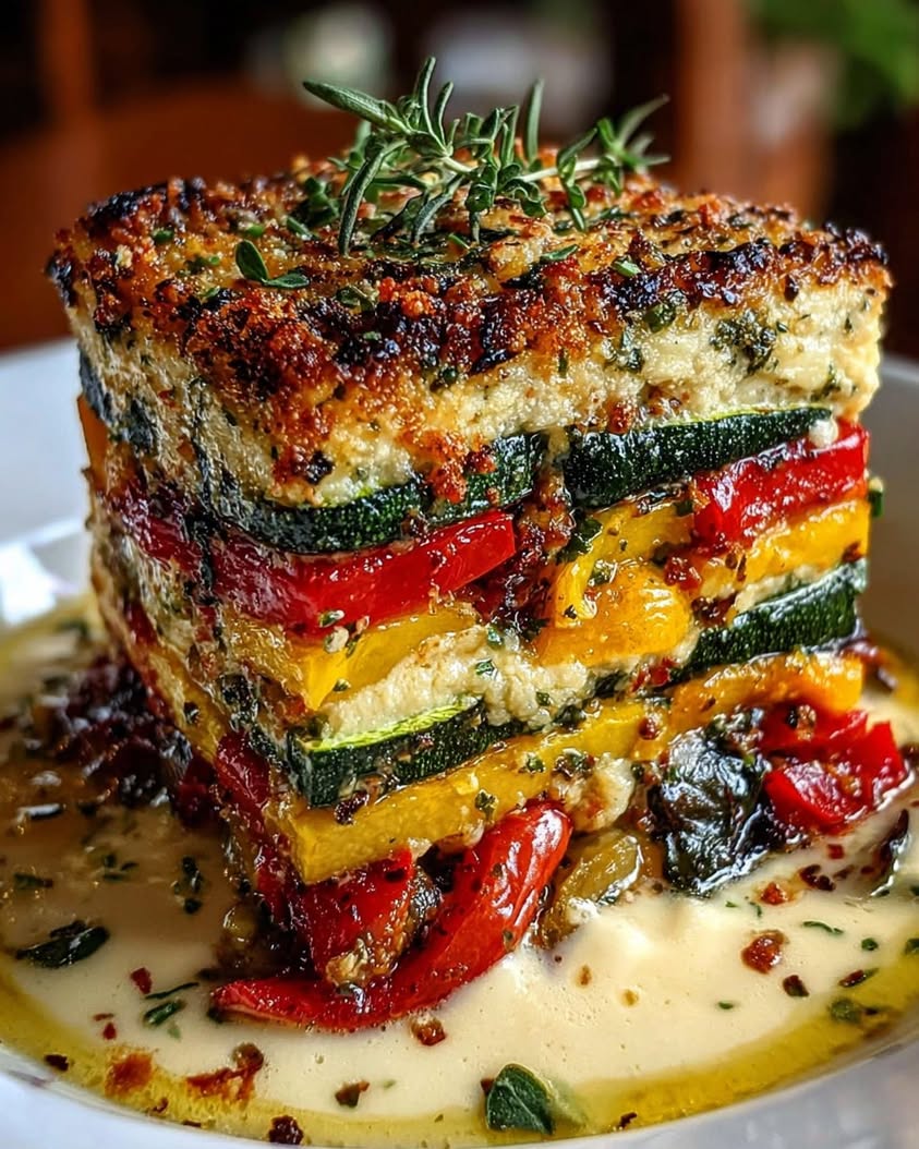 Layered Mediterranean Vegetable Lasagna with Three-Cheese Drizzle 1 Layered Mediterranean Eggplant Zucchini Yellow Red Bell Pepper Lasagna with Creamy Garlic Herb Three Cheese Drizzle 1