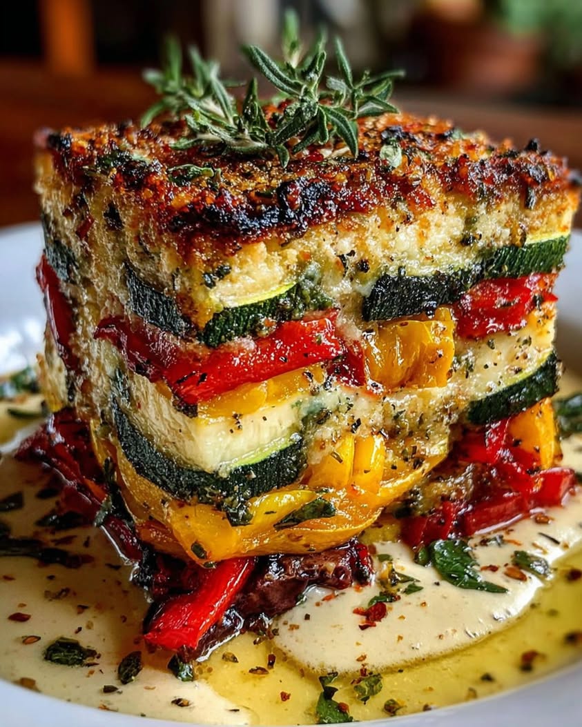Mediterranean Vegetable Lasagna with a Creamy Three-Cheese Drizzle 4 Layered Mediterranean Eggplant Zucchini Yellow Red Bell Pepper Lasagna with Creamy Garlic Herb Three Cheese Drizzle 2