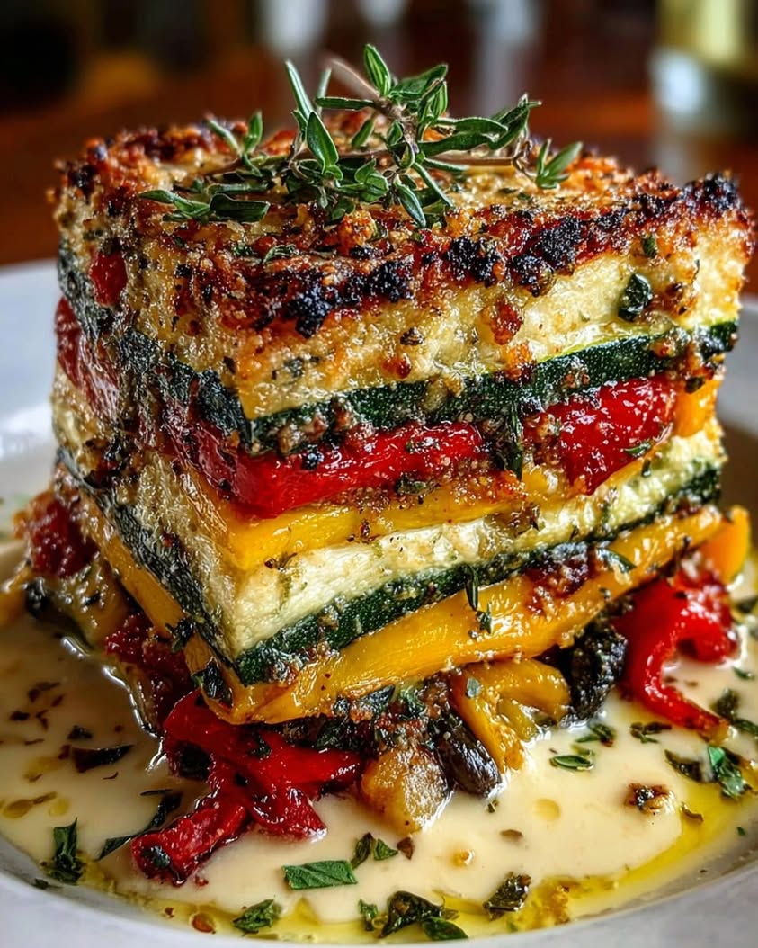 Mediterranean Vegetable Lasagna with a Creamy Three-Cheese Drizzle 1 Layered Mediterranean Eggplant Zucchini Yellow Red Bell Pepper Lasagna with Creamy Garlic Herb Three Cheese Drizzle