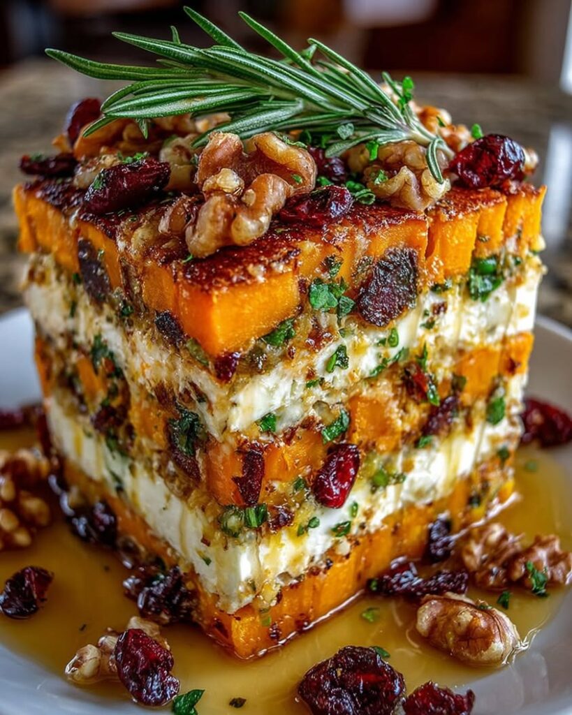Layered Sweet Potato Butternut Squash Carrot Lasagna with Feta Walnuts and Cranberry Honey Glaze