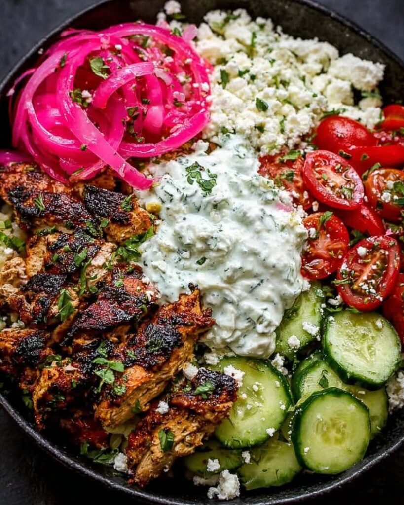 Loaded Mediterranean Chicken Power Bowl with Tzatziki Feta