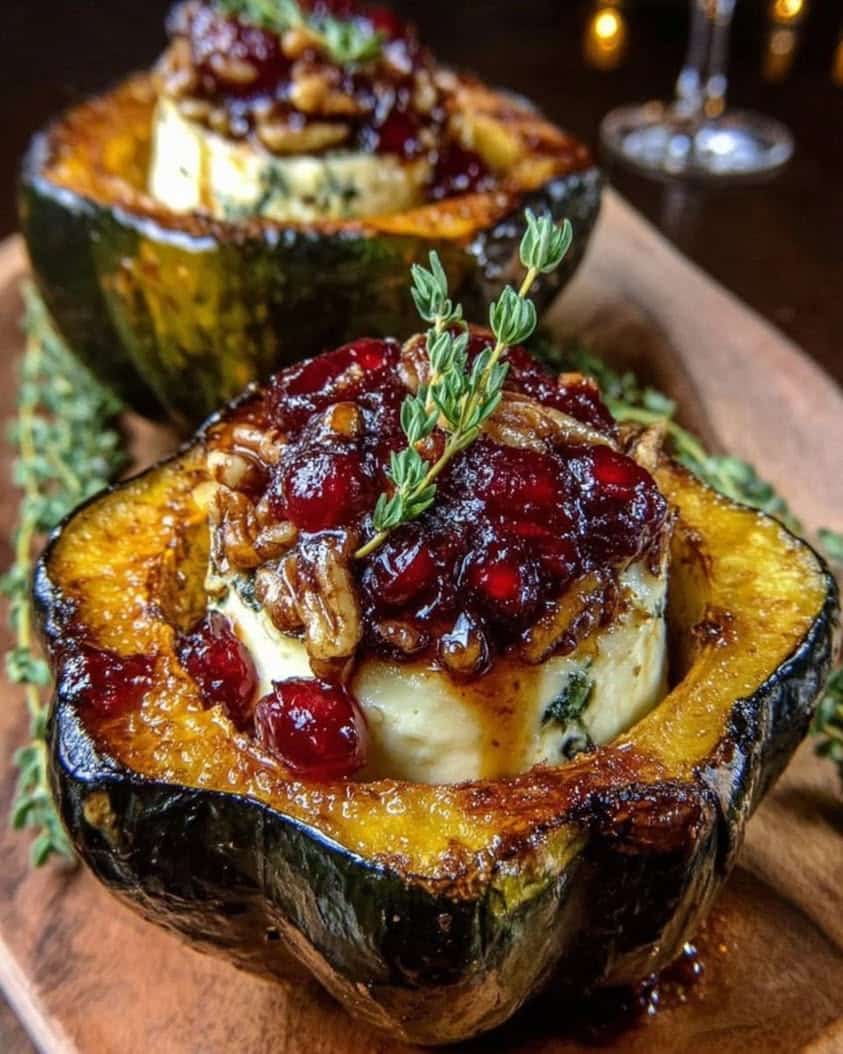 Maple Pecan Stuffed Acorn Squash with Brie and Cranberry Glaze 1 Maple Pecan Brie Stuffed Acorn Squash with Cranberry Glaze
