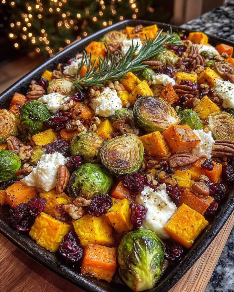 Maple Roasted Brussels Sprouts Sweet Potato Sheet Pan with Whipped Ricotta Cranberries Buttered Pecans
