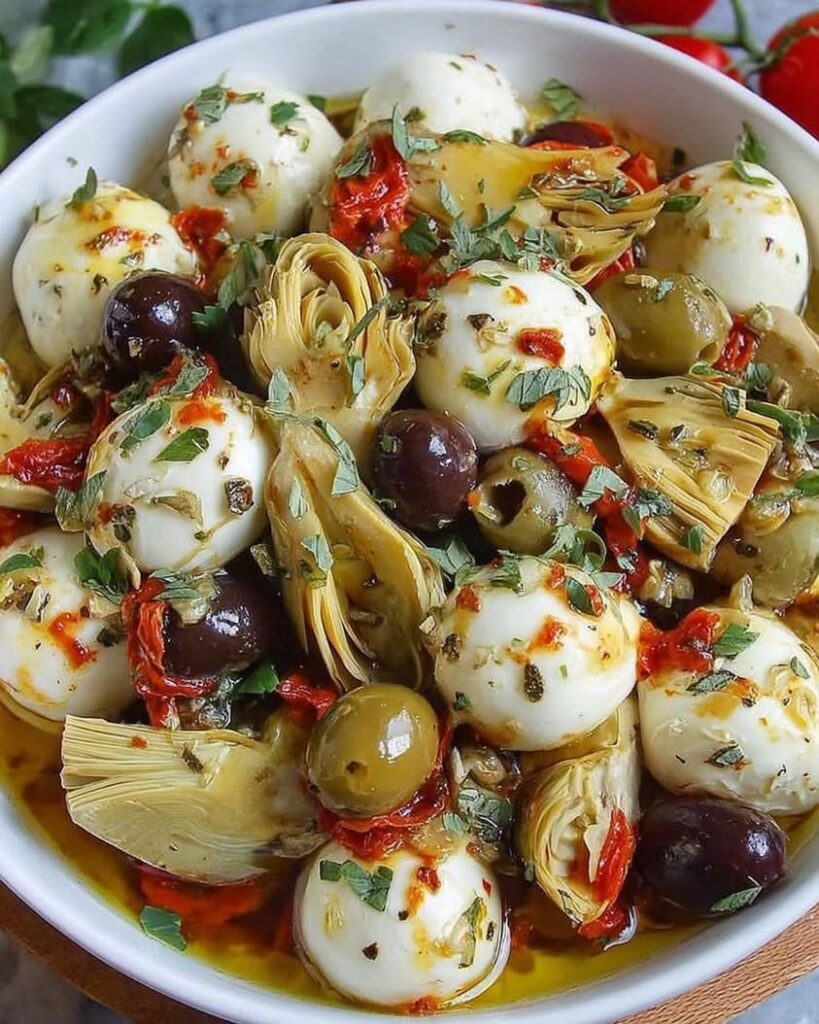 Marinated Mozzarella Balls Artichokes and Olives 1