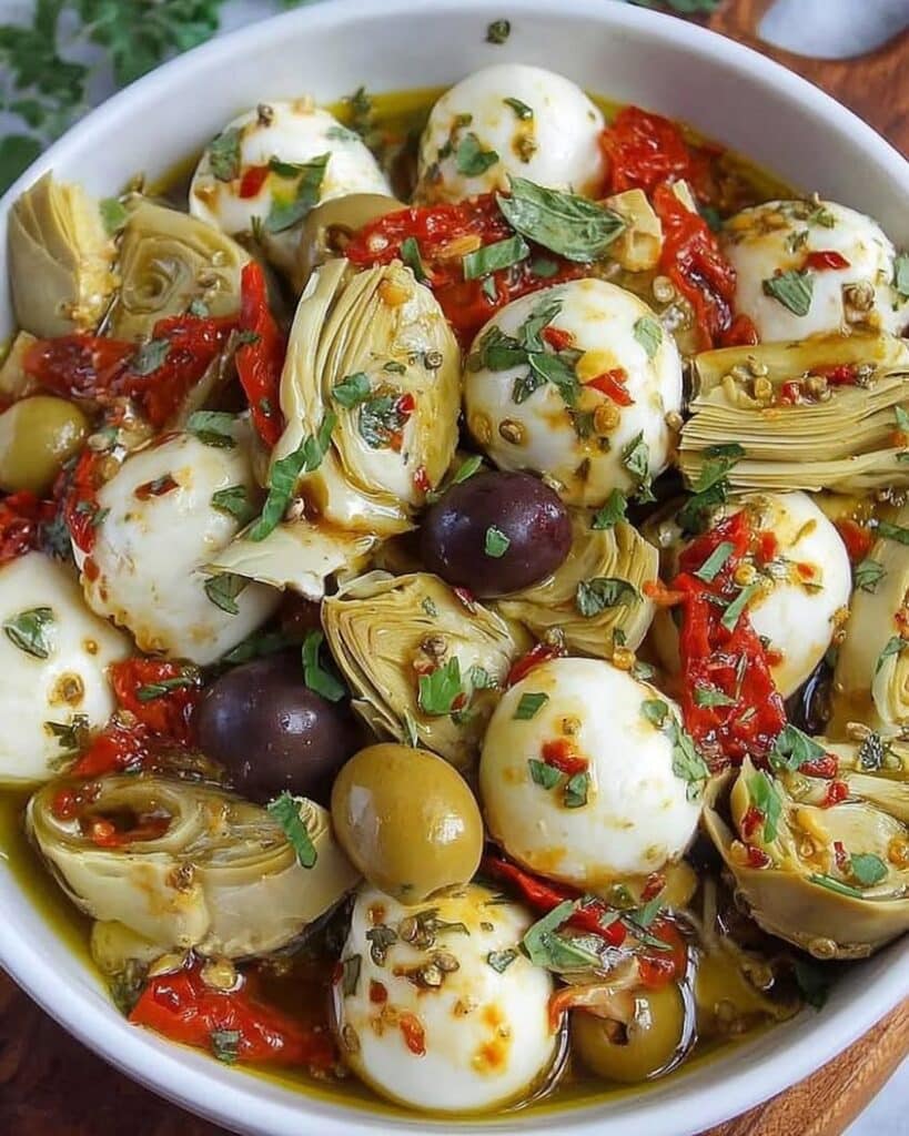 Marinated Mozzarella Balls Artichokes and Olives