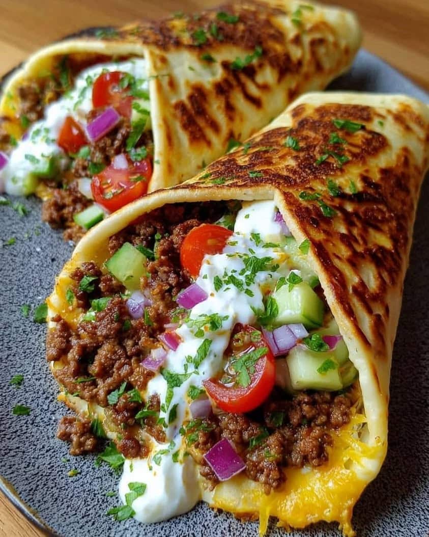 Mediterranean Ground Beef Pita Wraps with Creamy Whipped Feta 1 Mediterranean Ground Beef Pita Wraps with Whipped Feta 1