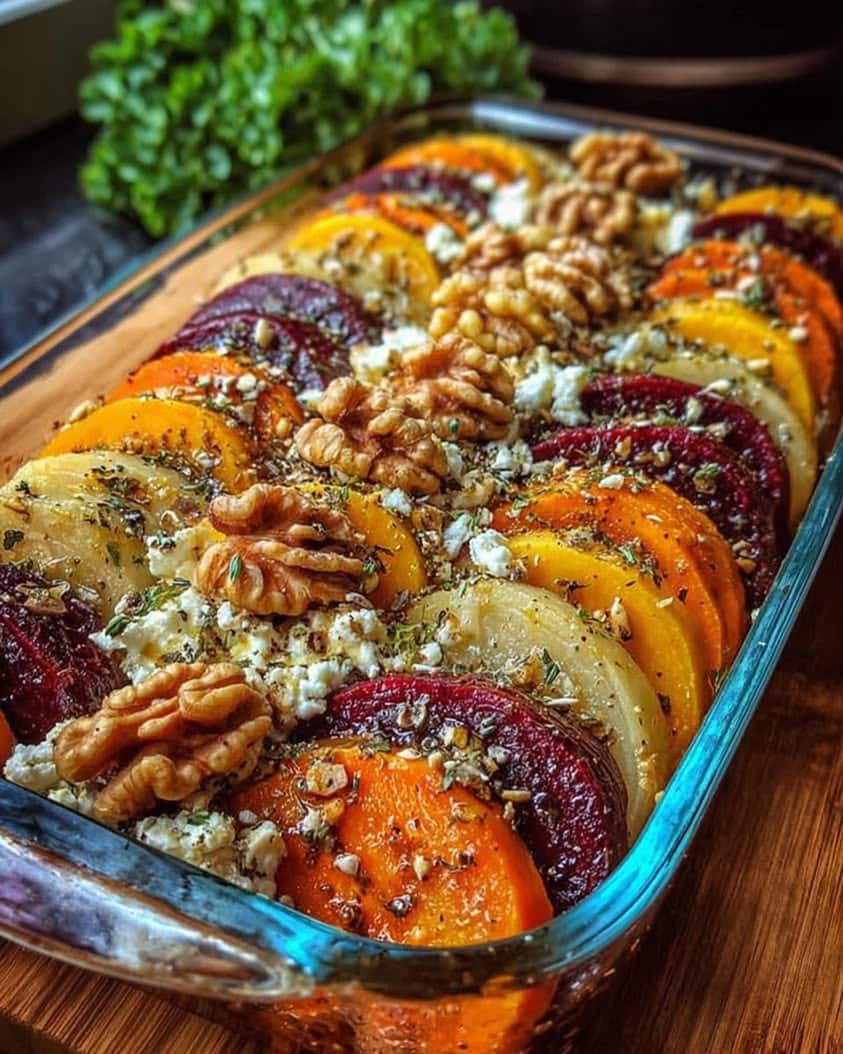 Mediterranean Layered Beet Sweet Potato Feta Gratin with Walnuts 1