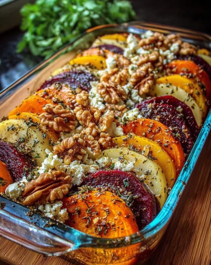 Mediterranean Layered Beet Sweet Potato Feta Gratin with Walnuts