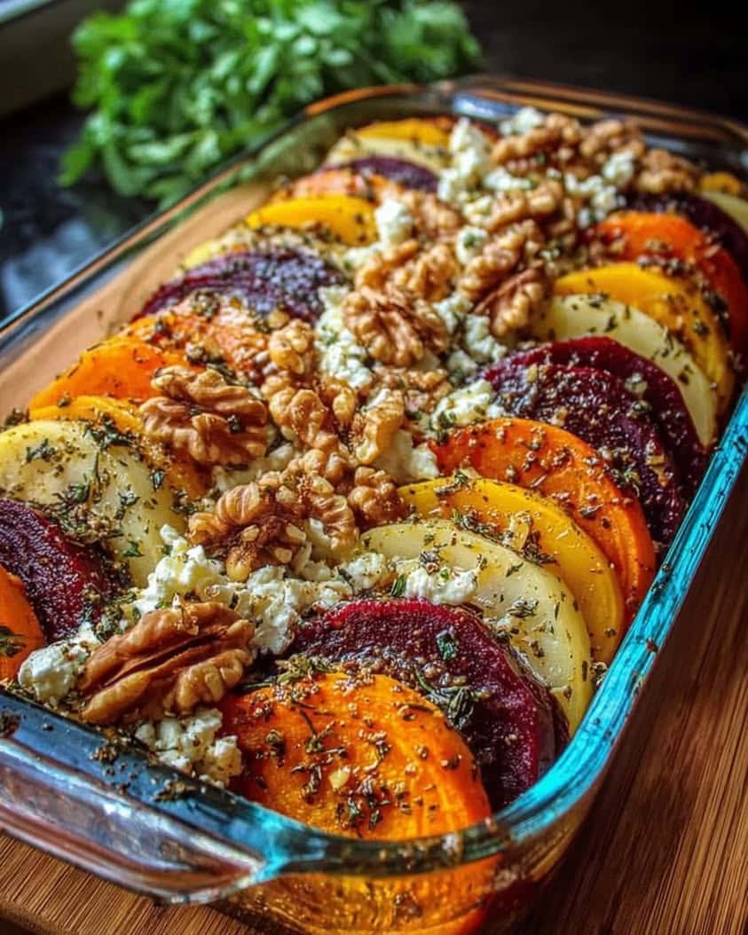 Mediterranean Layered Beet Sweet Potato Feta Gratin with Walnuts