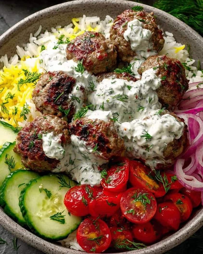 Mediterranean Meatball Rice Bowls with Fresh Tzatziki & Veggies 2 Mediterranean Meatball Rice Bowl with Tzatziki Fresh Veggies