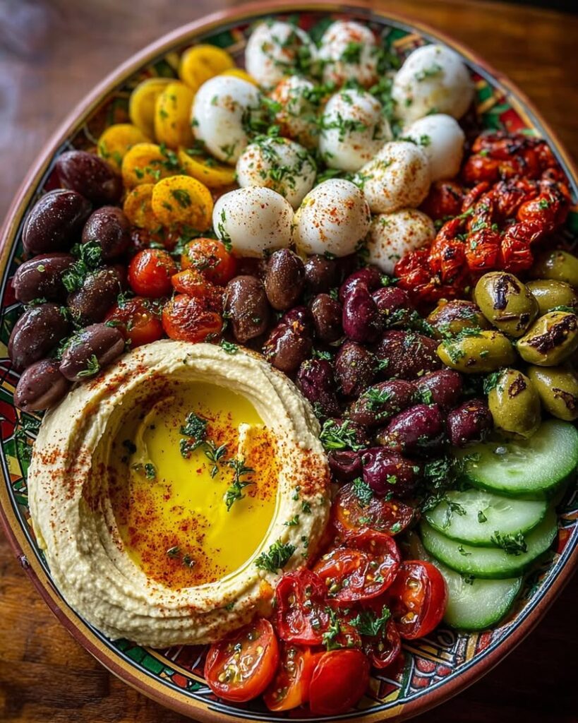Mediterranean Mezze Platter with Hummus Olives Burrata