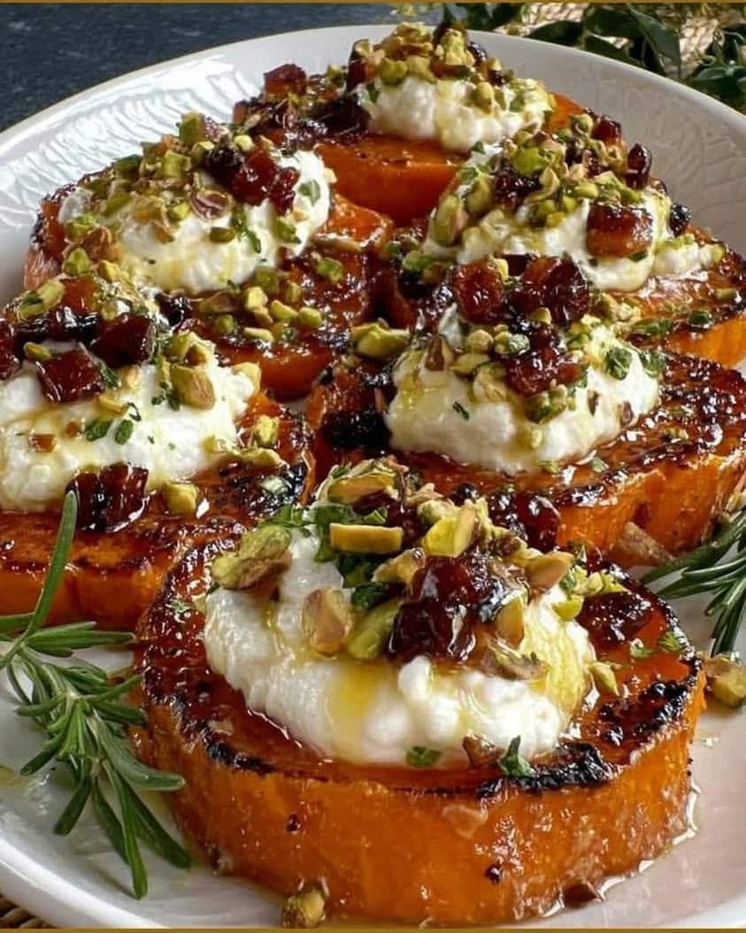 Crispy Sweet Potato Rounds with Melty Burrata and Citrus Drizzle 5 Melty Burrata Sweet Potato Appetizers Crispy Roasted Sweet Potato Rounds with Creamy Burrata Citrus Drizzle Pistachio