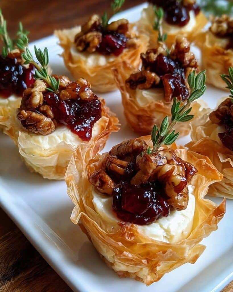 Mini Phyllo Cups with Brie Pecans Cranberry Drizzle
