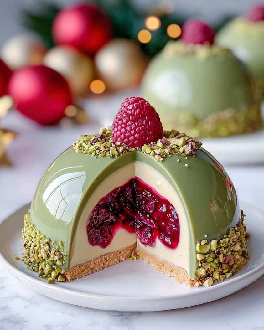 Pistachio Cheesecake Domes with a Raspberry Surprise Center 1 Pistachio Cheesecake Domes with Raspberry Surprise