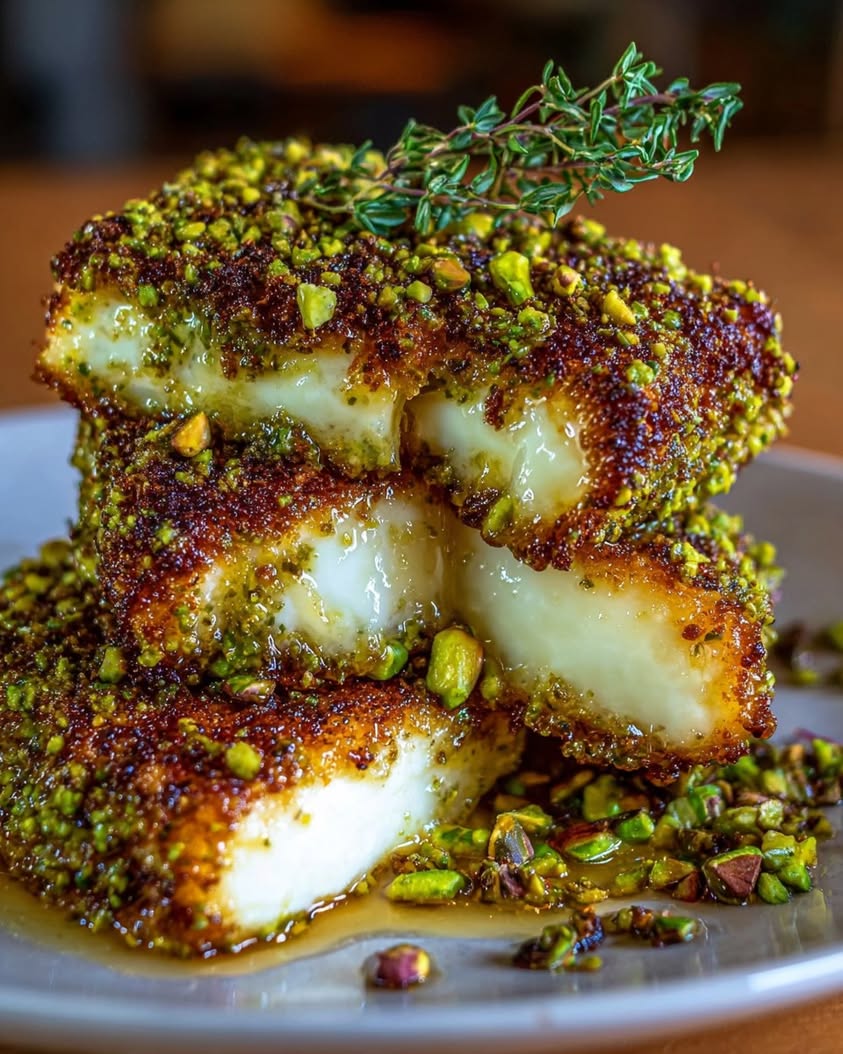 Crispy Pistachio-Crusted Halloumi with Honey Thyme Glaze 1 Pistachio Crusted Halloumi with Honey and Thyme