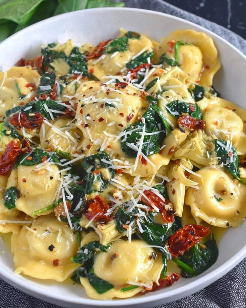 Ravioli with Spinach Sun Dried Tomatoes and Artichokes