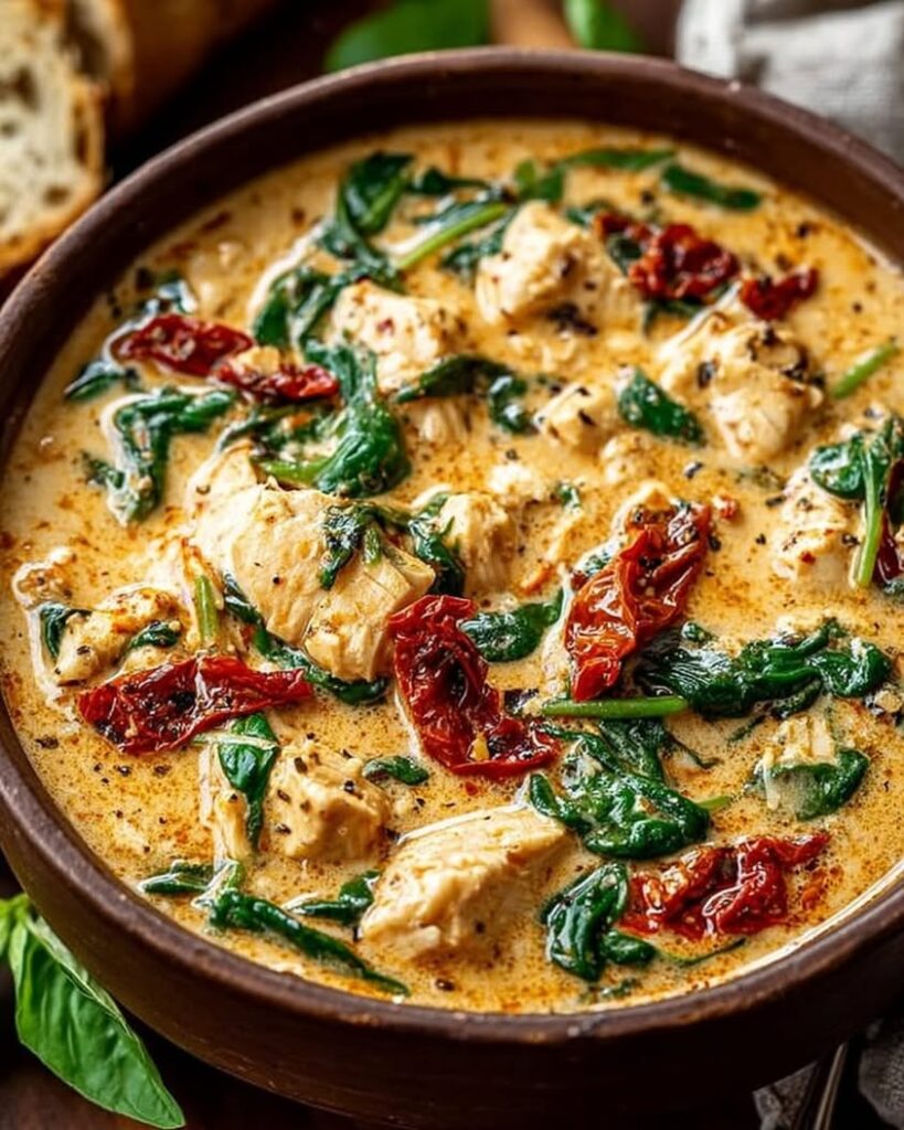 Rich Creamy Chicken Spinach Soup with Sun Dried Tomatoes