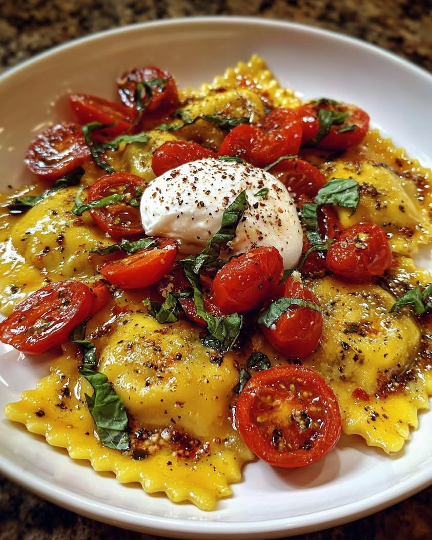 Ricotta Lemon Ravioli with Burst Tomatoes and Creamy Burrata 1 Ricotta and Lemon Zest Ravioli with Burst Tomatoes and Burrata 1