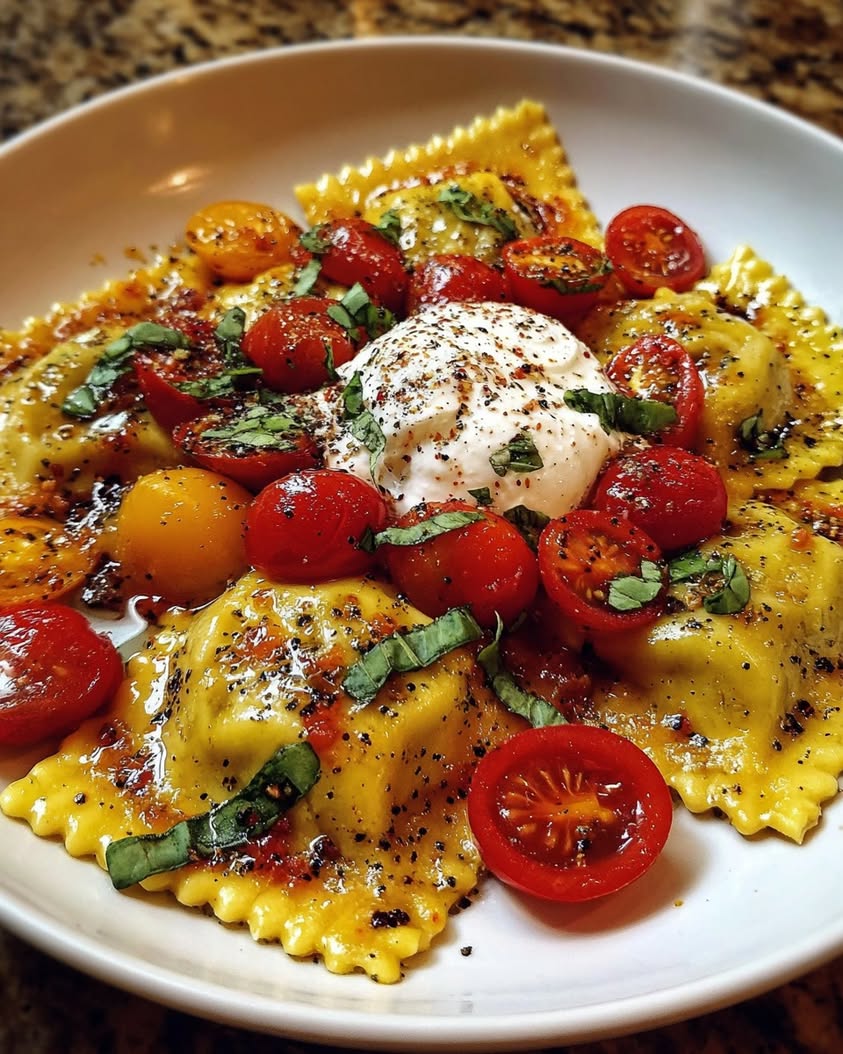 Ricotta Lemon Ravioli with Burst Tomatoes and Creamy Burrata 1 Ricotta and Lemon Zest Ravioli with Burst Tomatoes and Burrata