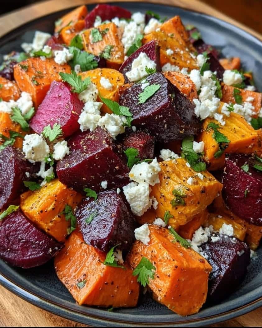 Roasted Beets and Sweet Potatoes with Feta and Cilantro