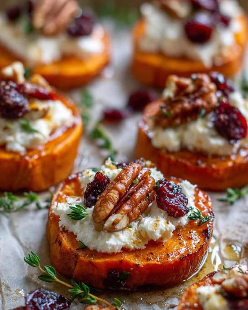 Roasted Sweet Potato Rounds with Whipped Goat Cheese Cranberries Pecans
