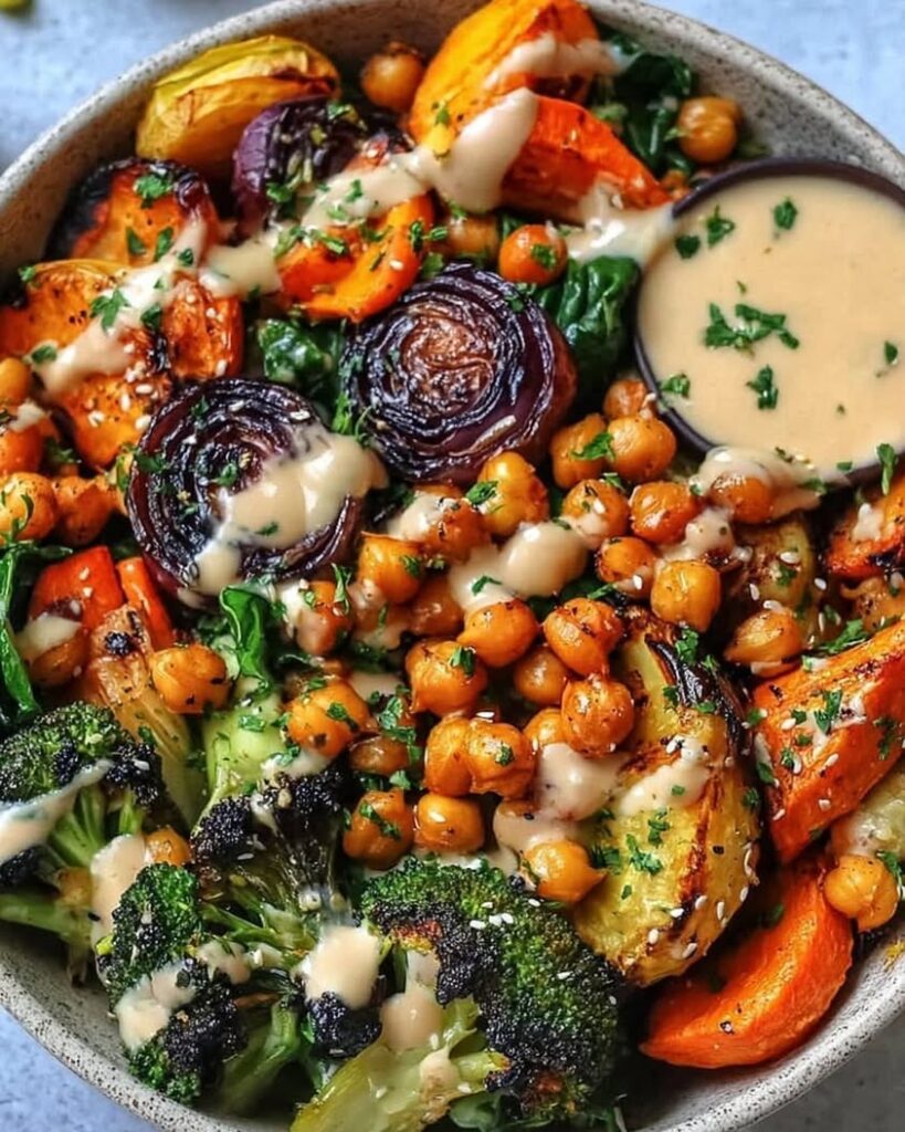 Roasted Veggie Chickpea Bowls with Maple Dijon Tahini Dressing 1