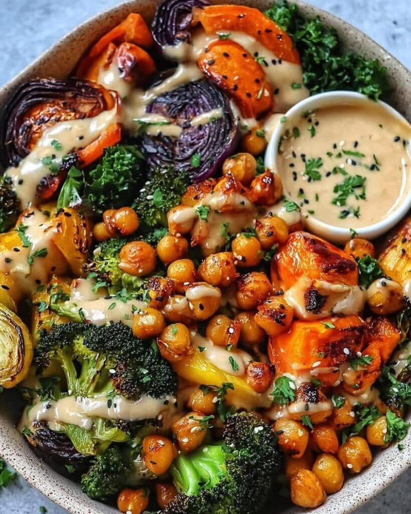 Roasted Veggie Chickpea Bowls with Maple Dijon Tahini Dressing