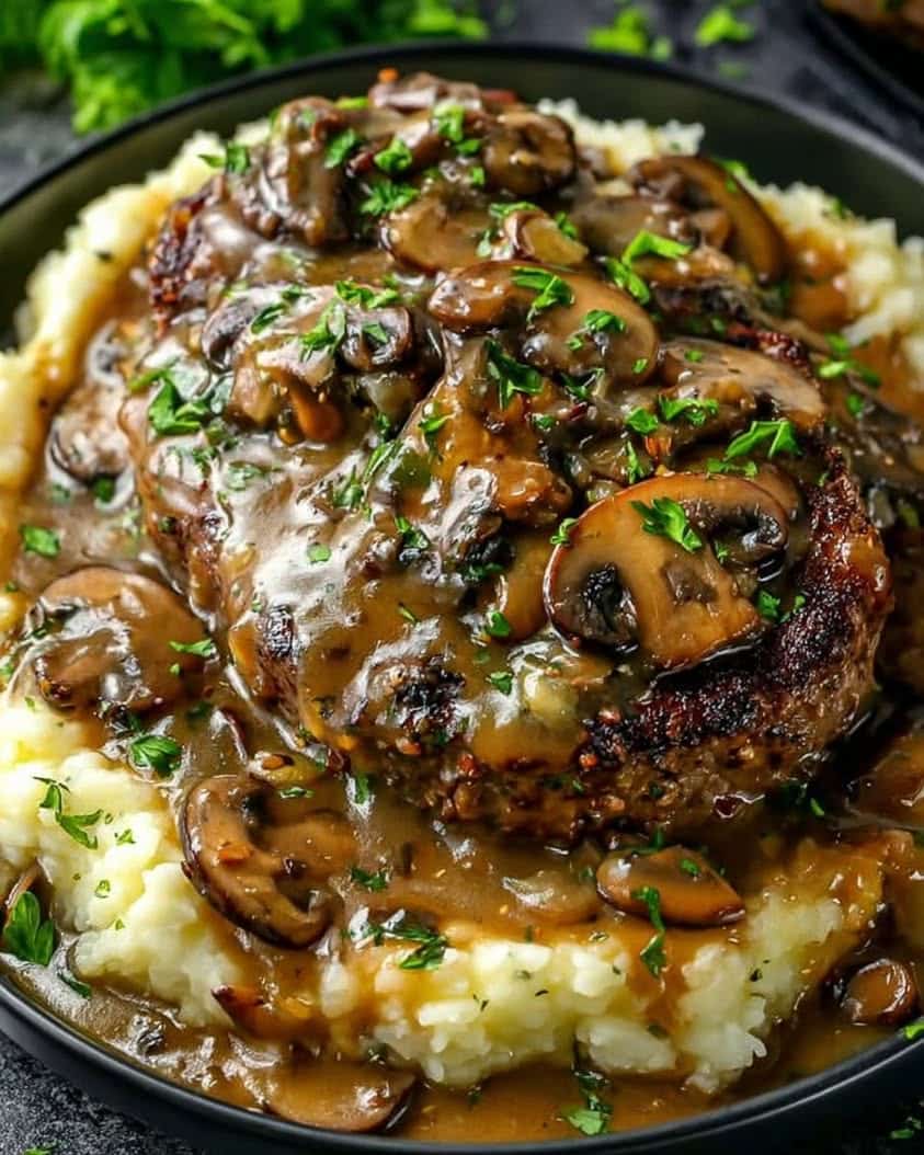 Salisbury Steak Meatloaf with Creamy Mushroom Gravy Recipe 2 Salisbury Steak Style Meatloaf with Creamy Mushroom Gravy