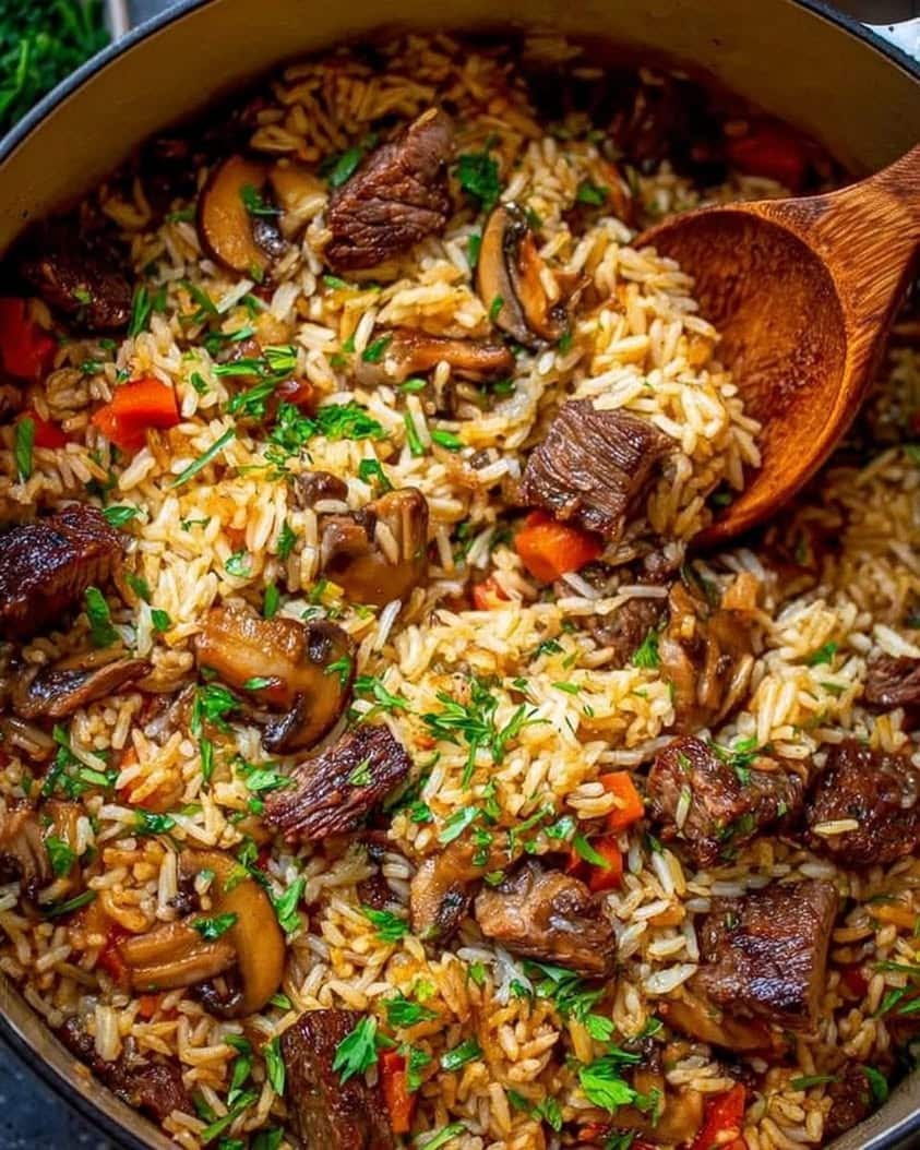 One-Pot Savory Beef and Mushroom Rice Pilaf for Easy Comfort 1 Savory Beef and Mushroom Rice Pilaf One Pot Comfort Meal