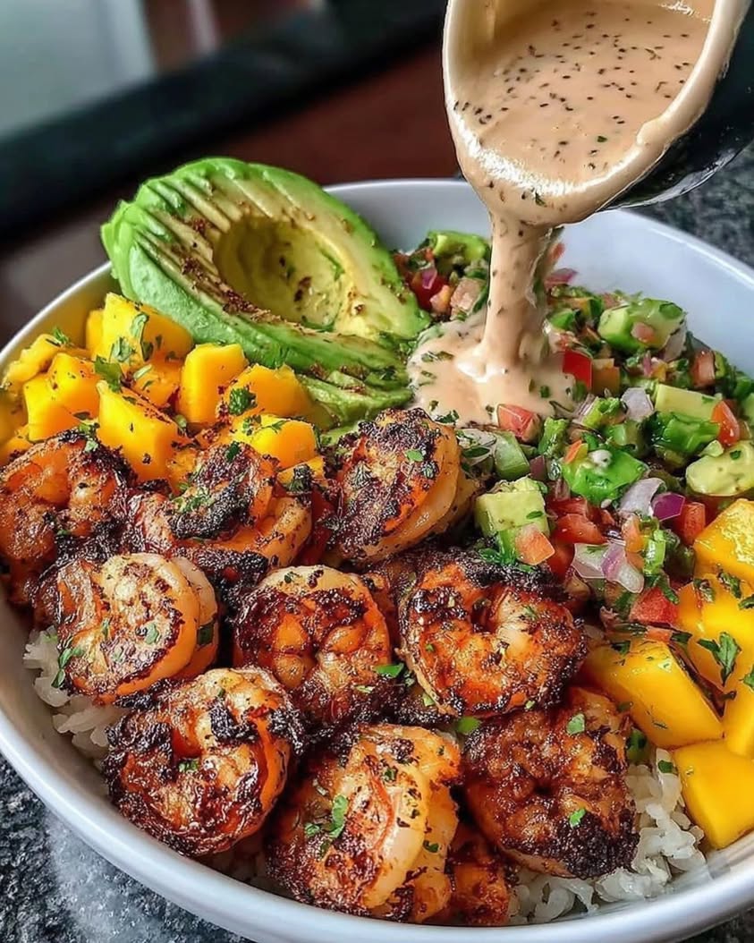 Shrimp and Avocado Bowls with Mango Salsa Lime Chili Sauce 1