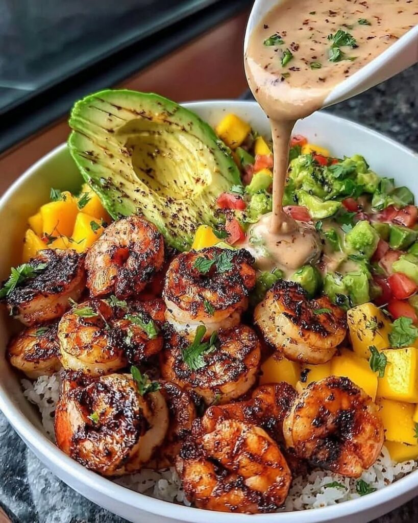 Shrimp and Avocado Bowls with Mango Salsa Lime Chili Sauce